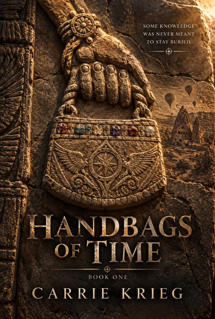 Handbags of Time by Carrie Krieg, Book One cover: a jeweled carved handbag in ancient stone relief